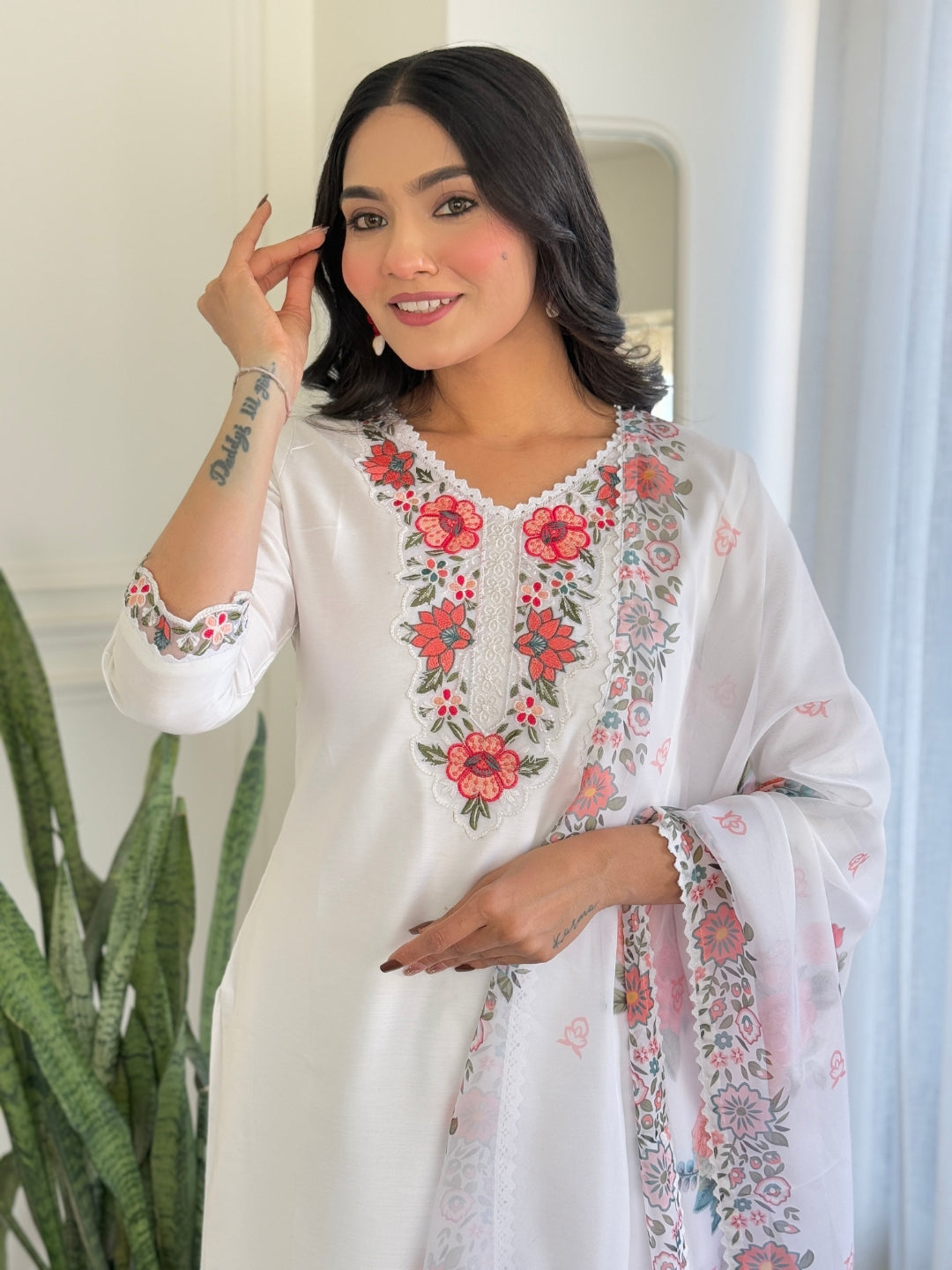 The52 Thread work on Viscose Fabric Straight Kurta, Pant and Dupatta Set