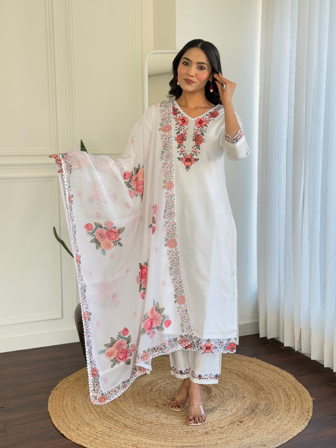 The52 Thread work on Viscose Fabric Straight Kurta, Pant and Dupatta Set