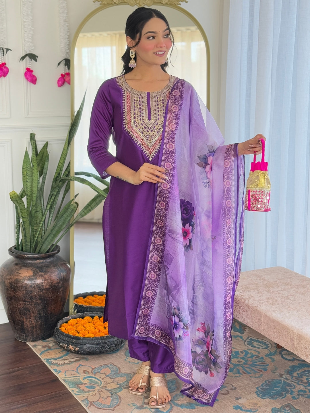 The52 Embroidered Rayon Fabric Straight Kurta, Pant and Dupatta Set