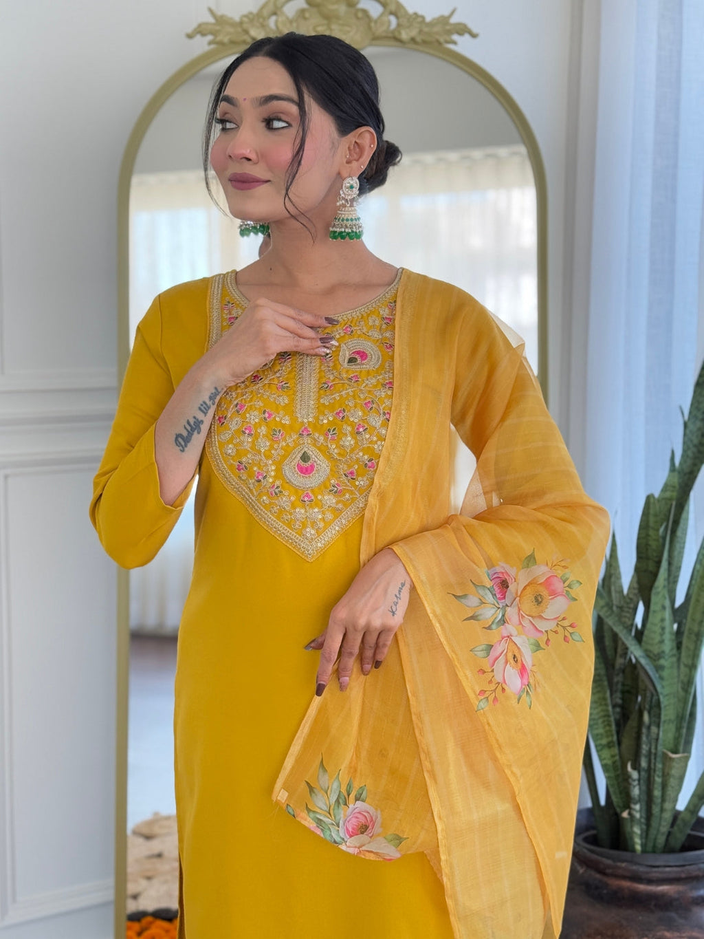 The52 Mustard Embroidered Rayon Fabric Straight Kurta, Pant and Dupatta Set