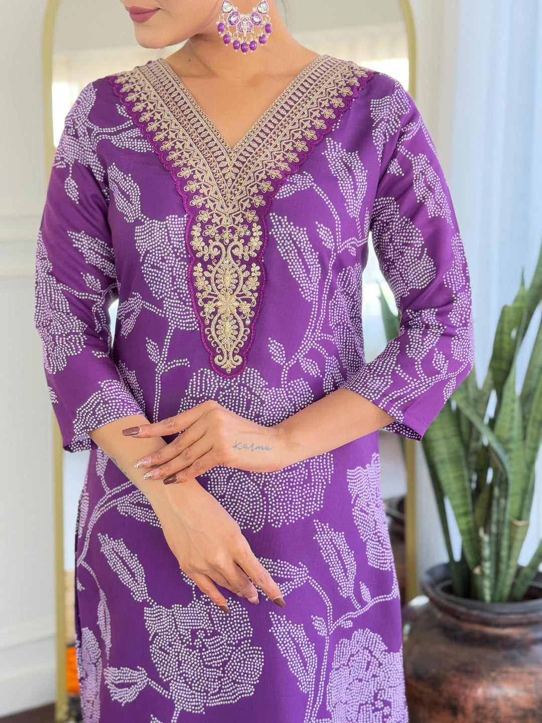The52 Purple Embroidered Rayon Fabric Straight Kurta, Pant and Dupatta Set
