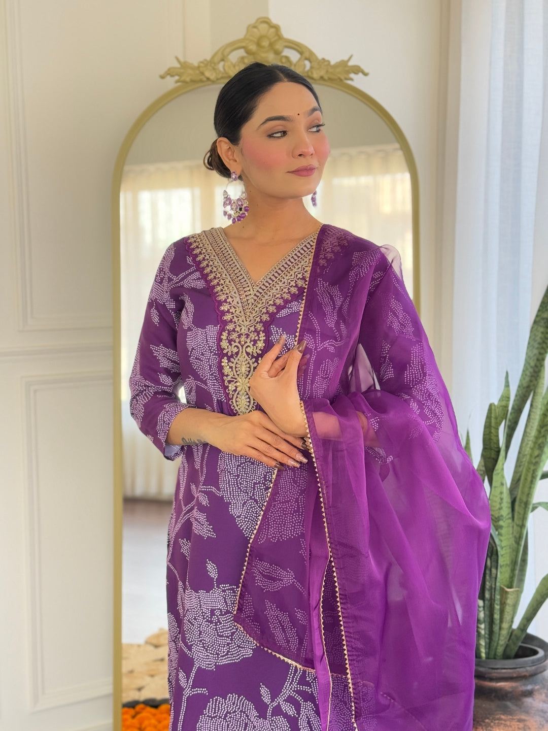The52 Purple Embroidered Rayon Fabric Straight Kurta, Pant and Dupatta Set