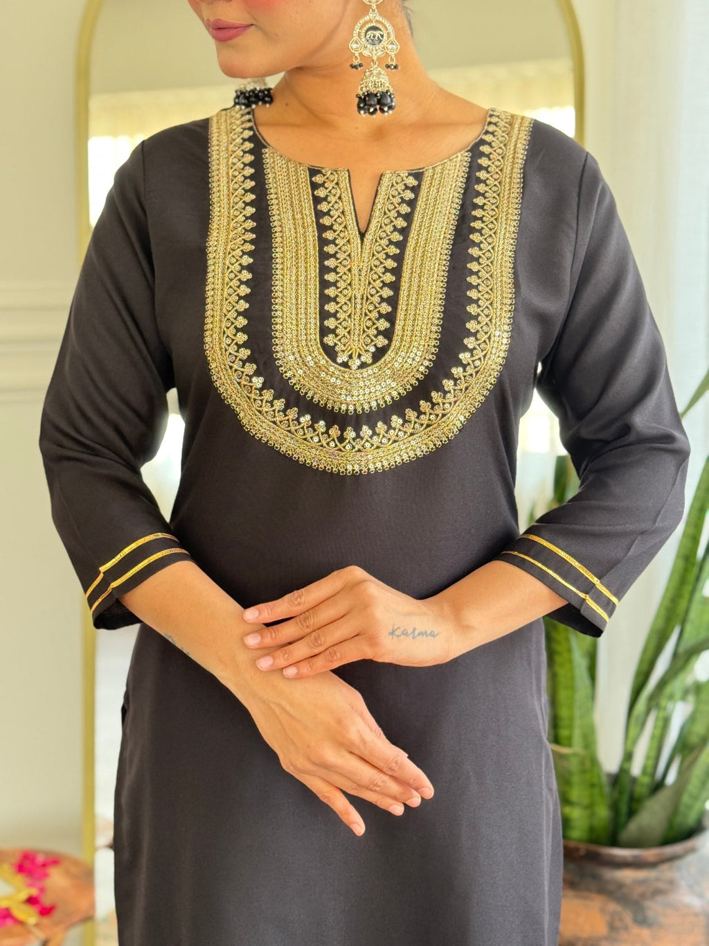 The52 Women's Black Embroidered Cotton Slub Fabric Straight Kurta, Pant and Dupatta Set