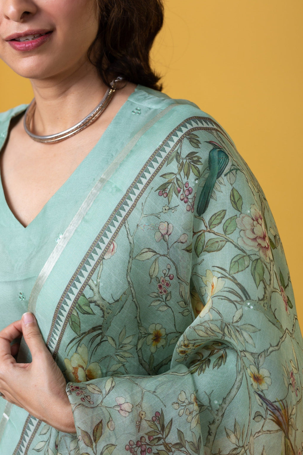 Lorenvalley Seagreen Roman Silk Embroidered With Sequence work Kurta Set