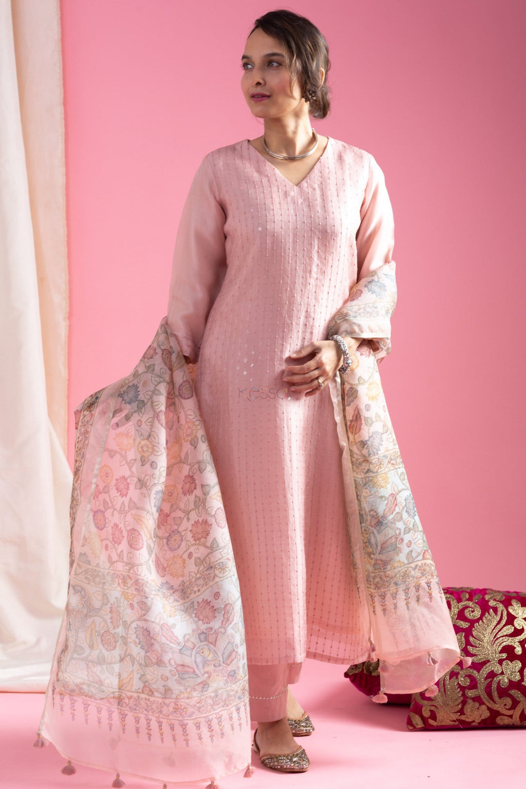 Lorenvalley Pink Roman Silk Embroidered With Sequence work Kurta Set