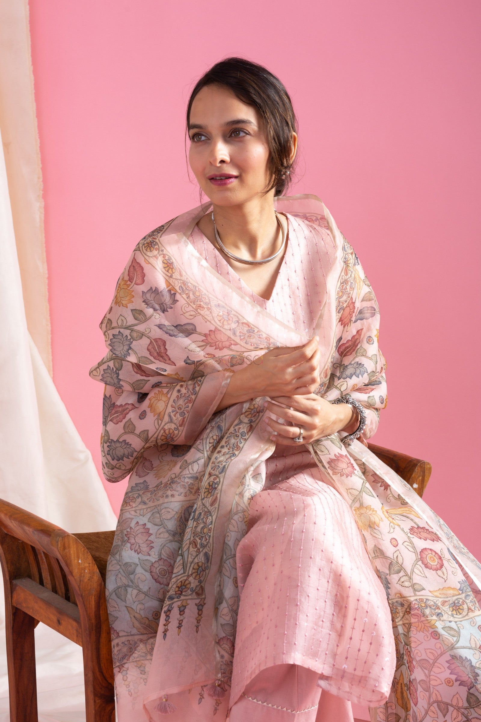 Lorenvalley Pink Roman Silk Embroidered With Sequence work Kurta Set