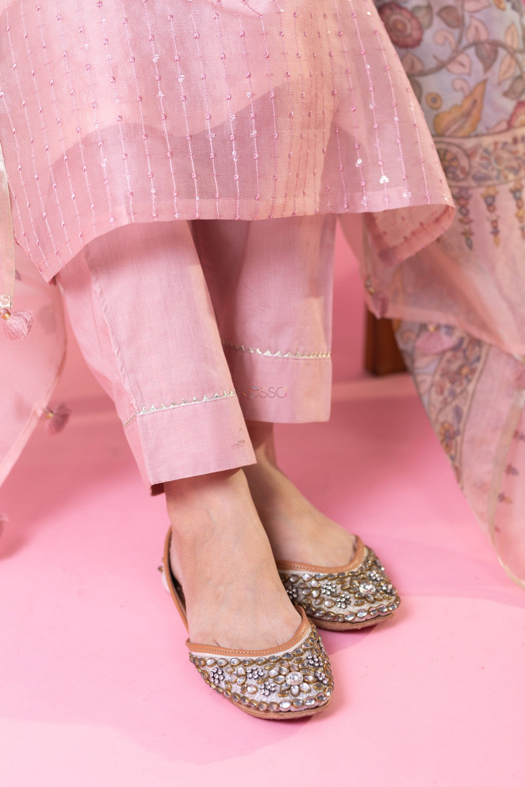 Lorenvalley Pink Roman Silk Embroidered With Sequence work Kurta Set