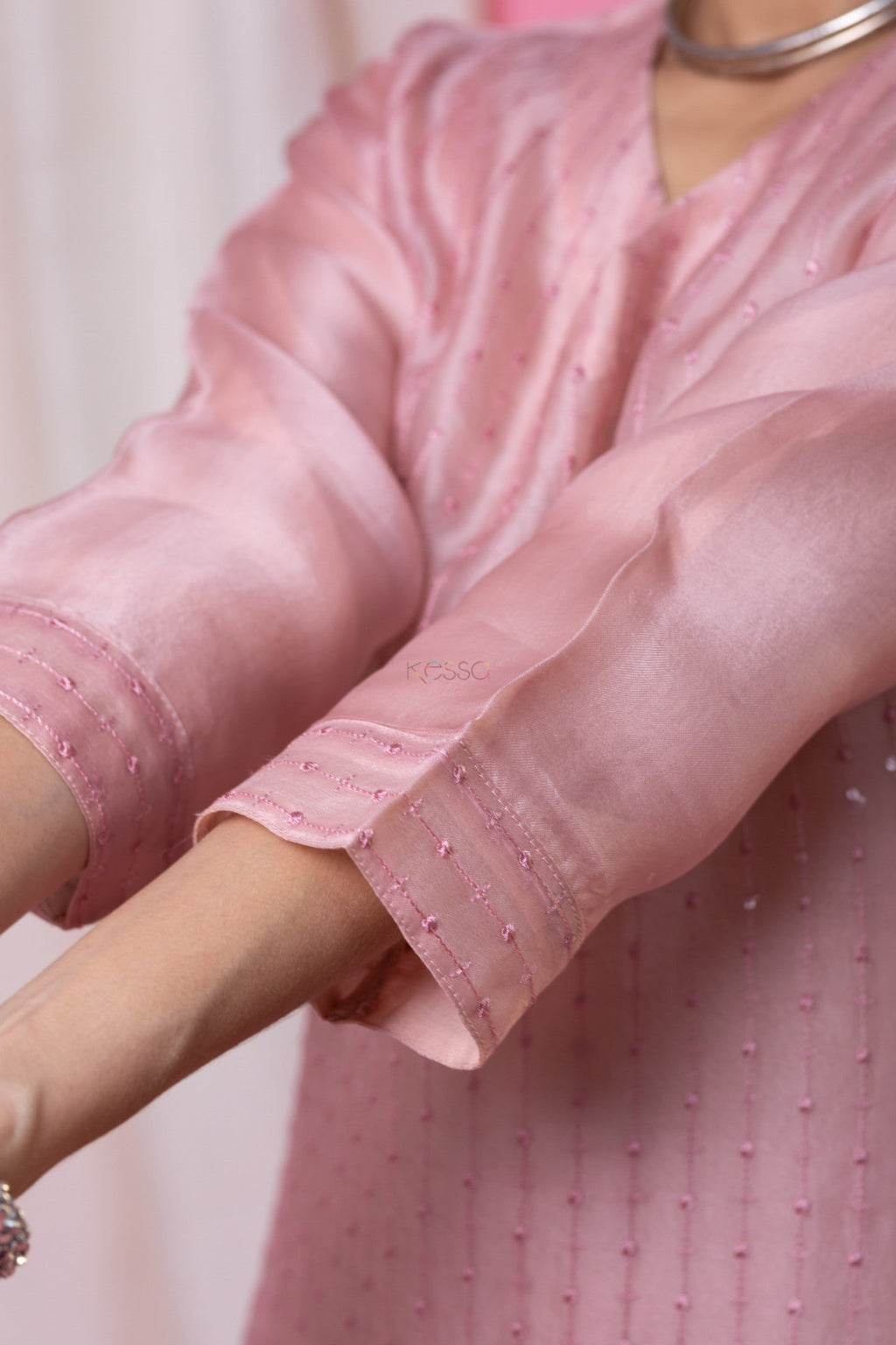 Lorenvalley Pink Roman Silk Embroidered With Sequence work Kurta Set
