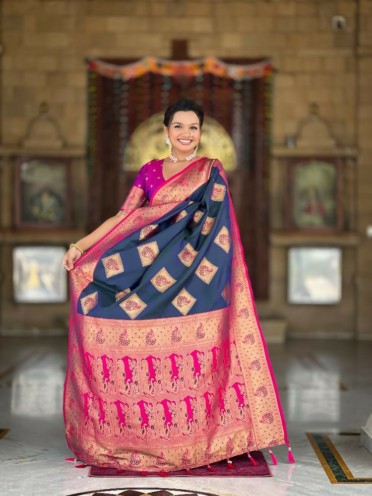 PR Fashion Morpich Soft Banarasi Silk With Zari Weaving Meenakari Design Saree