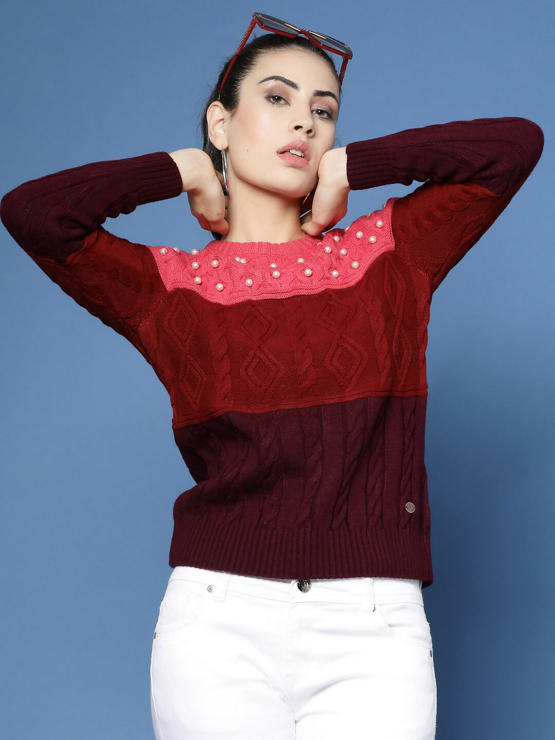 Women Color Block Marron Acrylic Winter Sweater - Wool Trees