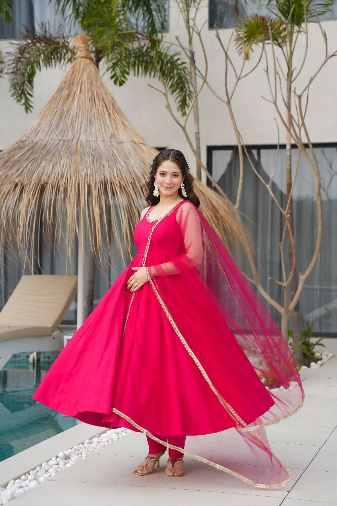 Joban Fashion Rani Pink Kurta Set Chanderi Sequence Embroidery Work