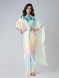 Vastranavya Pastel Rainbow Freehand Peacock Feather Print Ready to Wear Saree