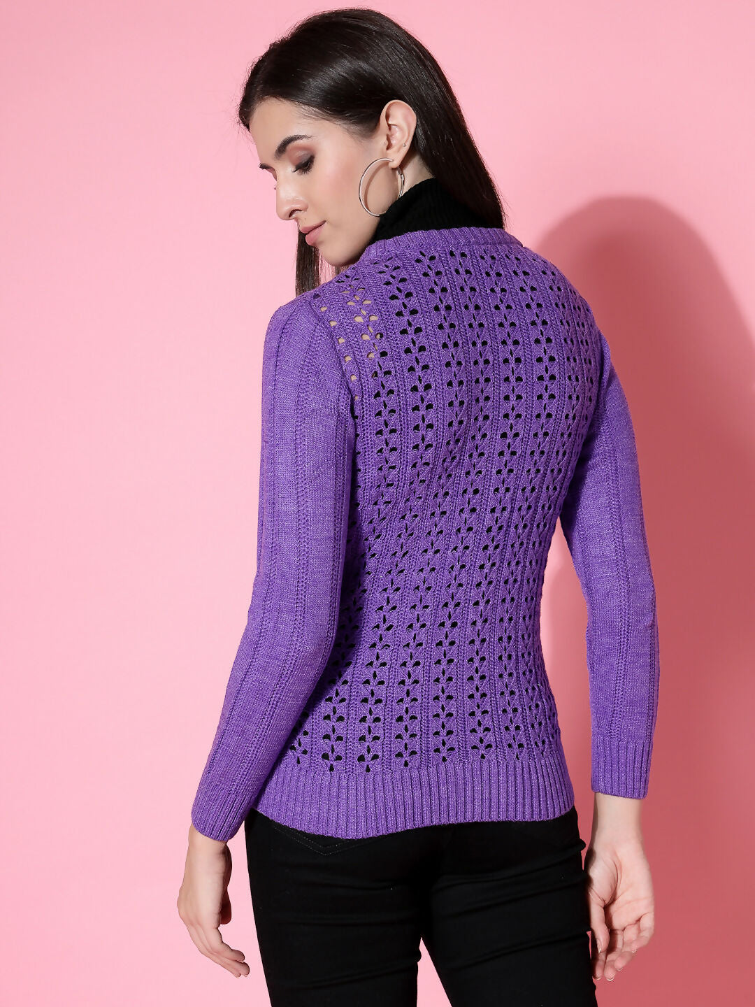 Women Pointelle Purple Acrylic Winter Cardigan - Wool Trees