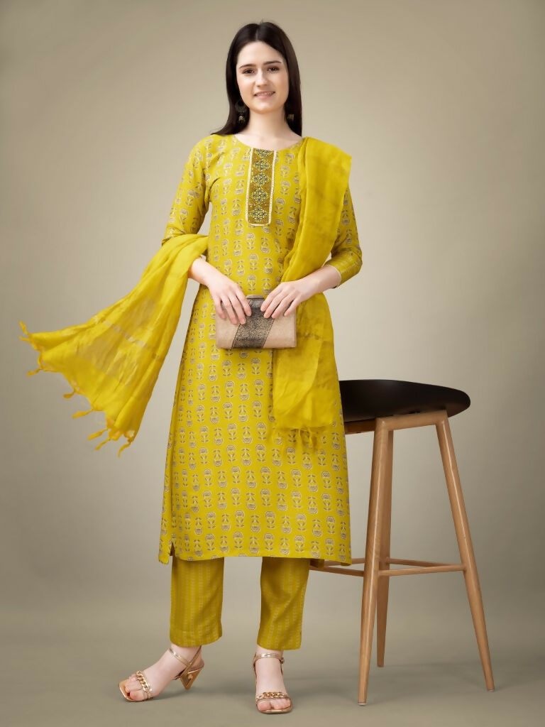 Jyoti Fashion Women's Yellow Rayon Embroidery & Sequence work Kurta with Trouser & Dupatta