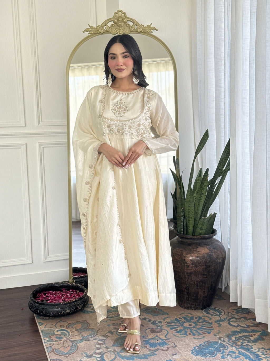 The52 CreamWomen's Gorgeous Embroidered Vichitra Silk Fabric Flared Kurta Pant with Dupatta Set