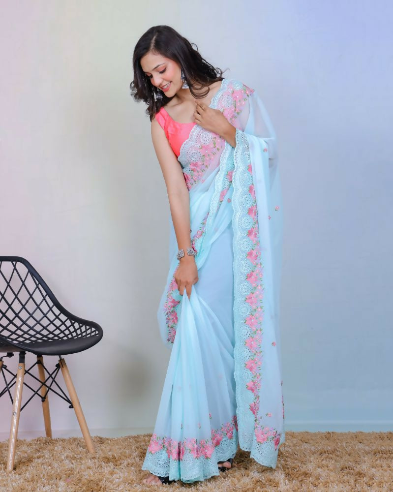 Vamsee Rashmika Sky Blue Georgette Saree