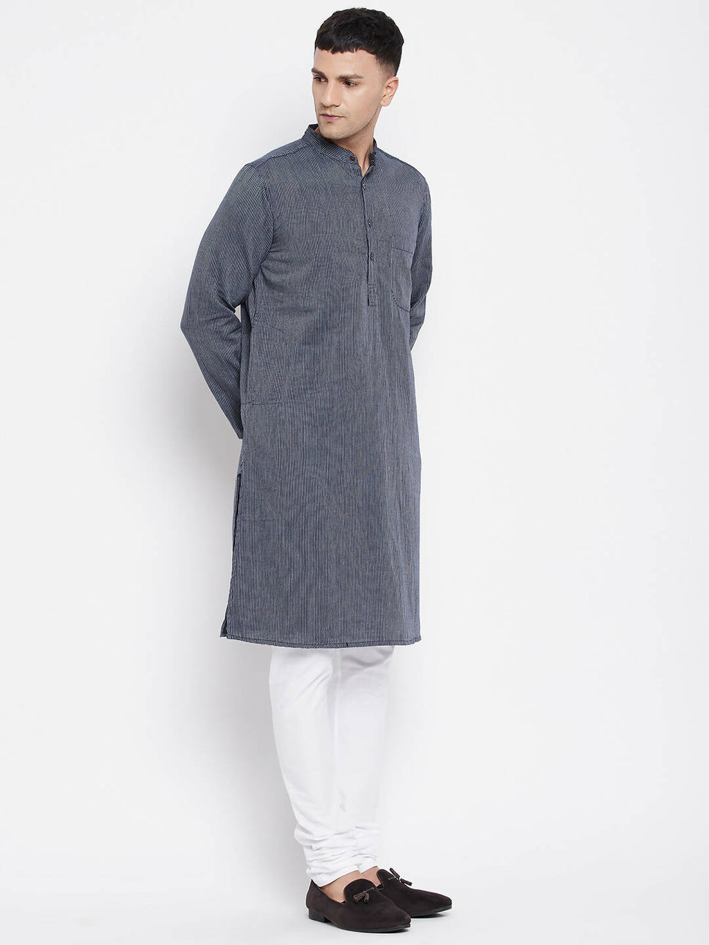 Even Apparels Grey Color Pure Cotton Men's Kurta With Band Collar
