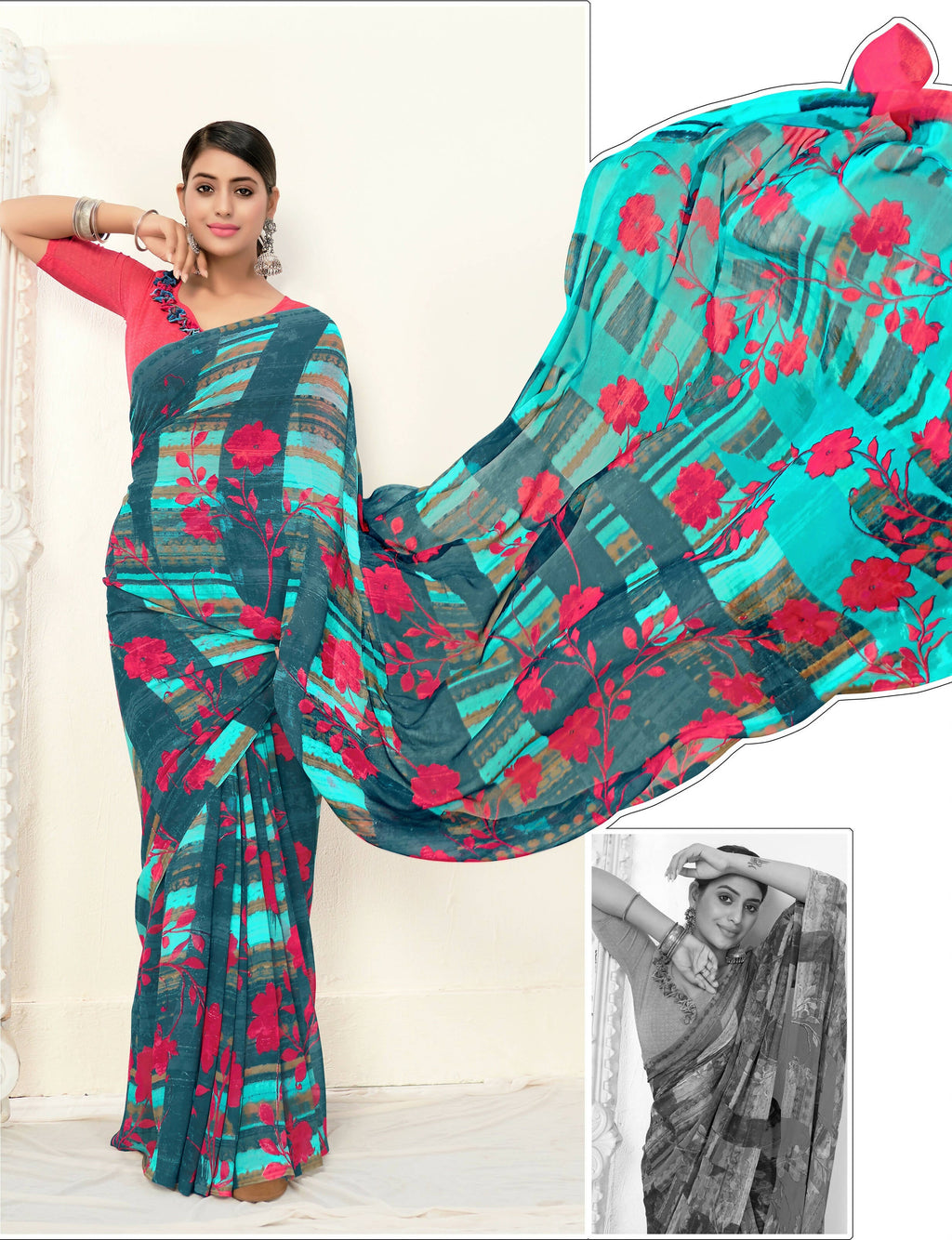 Teal Georgette Floral Printed Saree With Unstitched Blouse Piece - Jyoti