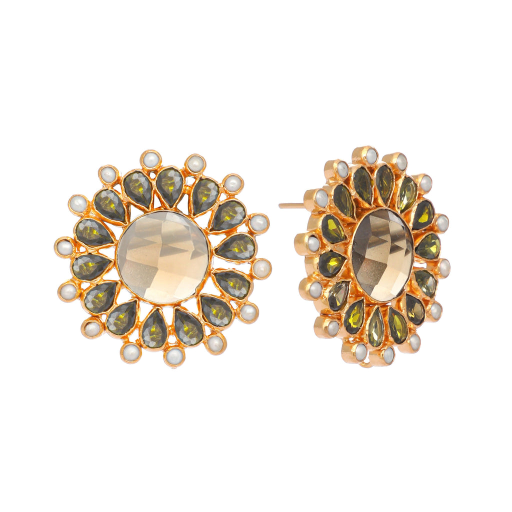 Nuyug 22K Gold Plated Faux Smoky Quartz & Crystal Studded Contemporary Floral Studs