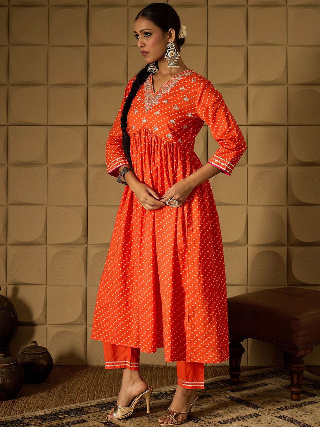 Indo Era Bandhani Embroidered Empire Sequined A-Line Pure Cotton Kurta With Trousers