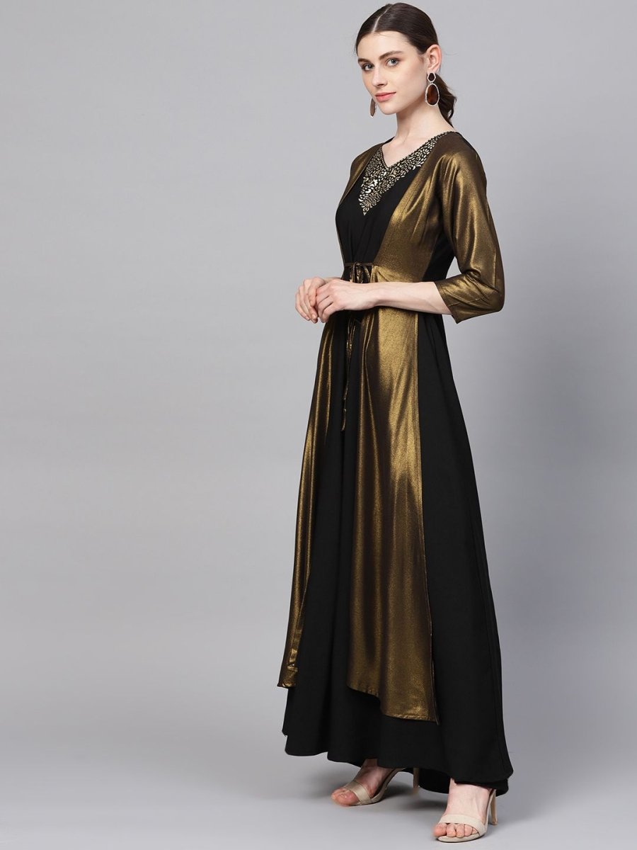 Ahalyaa Women's Black Crepe Dress with Attached Jacket