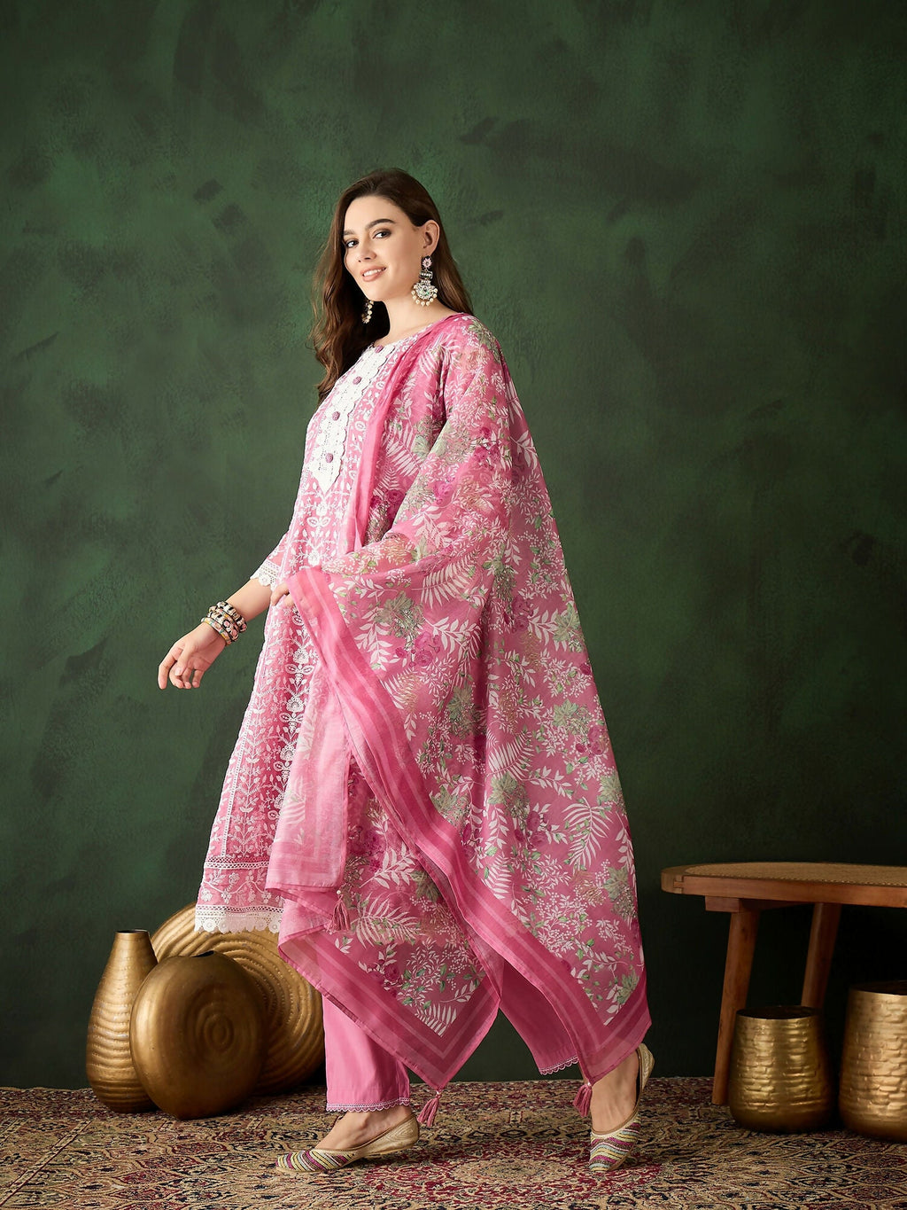 Pink Crystal Organza schiffli embroidery Kurta With Trouser & Dupatta - Bhumi