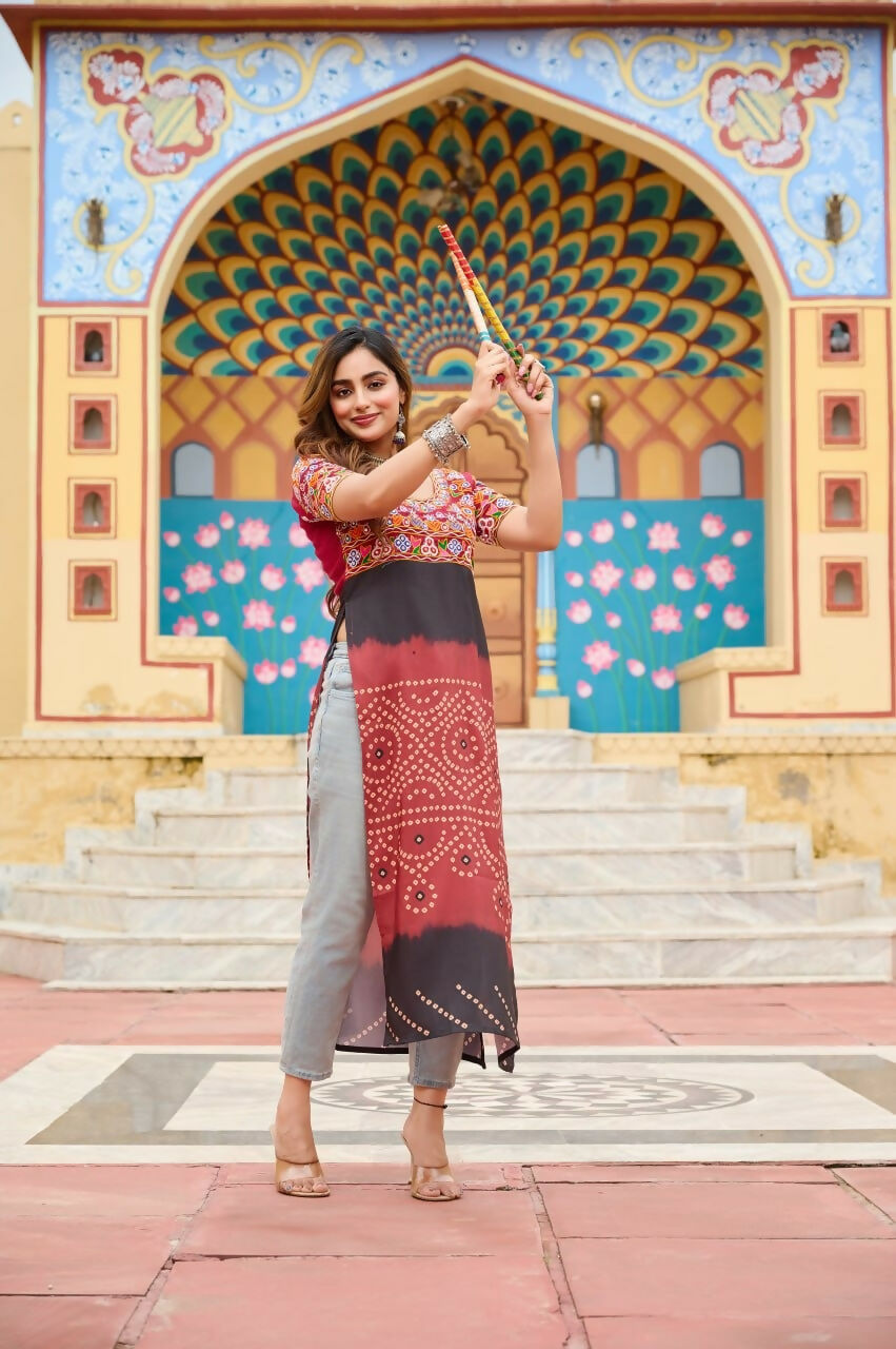 Vastranavya Maroon Navratri Special Kutchi Gamthi Work with Printed Kurti