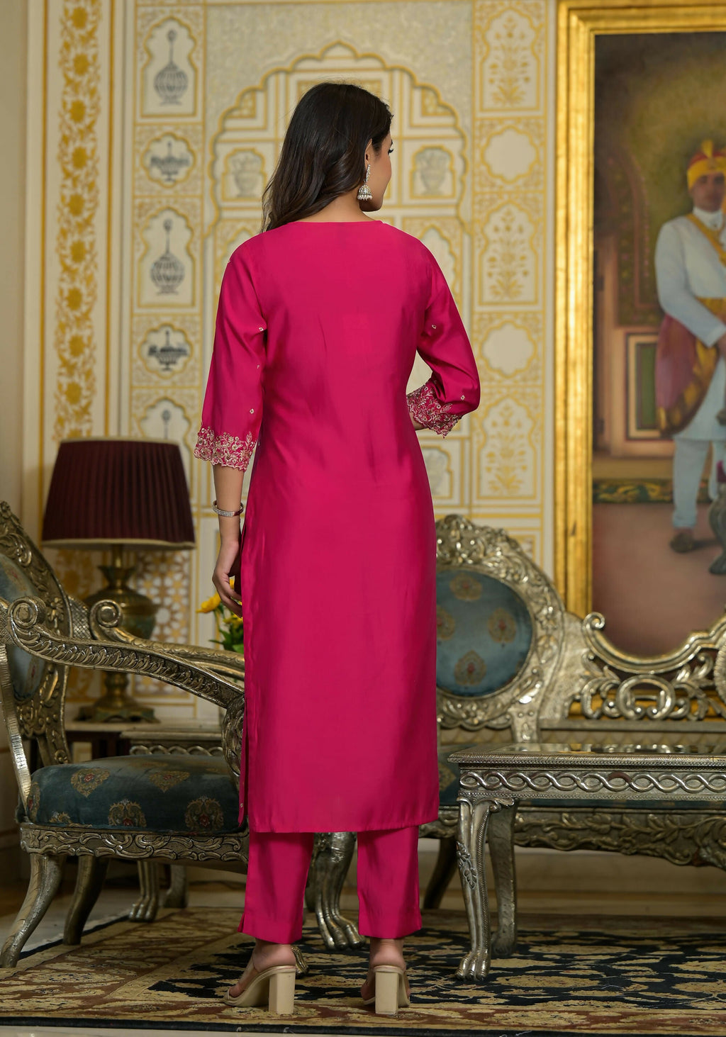 Juniper Women's Fuchsia Zari Embroidered Viscose Kurta Pant And Dupatta Set With Lace