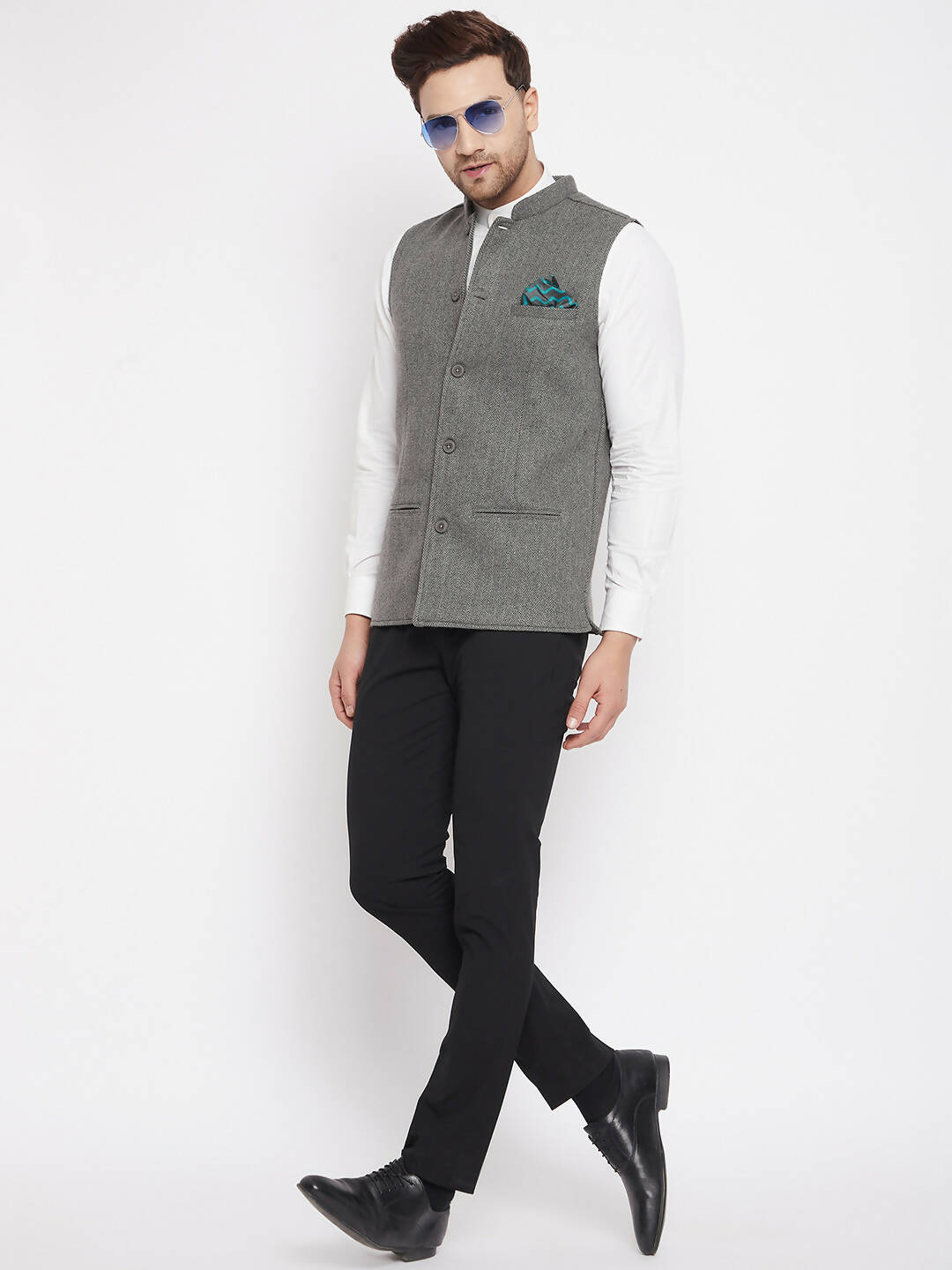 Even Apparels Grey Wool Men Woven Nehru Jacket