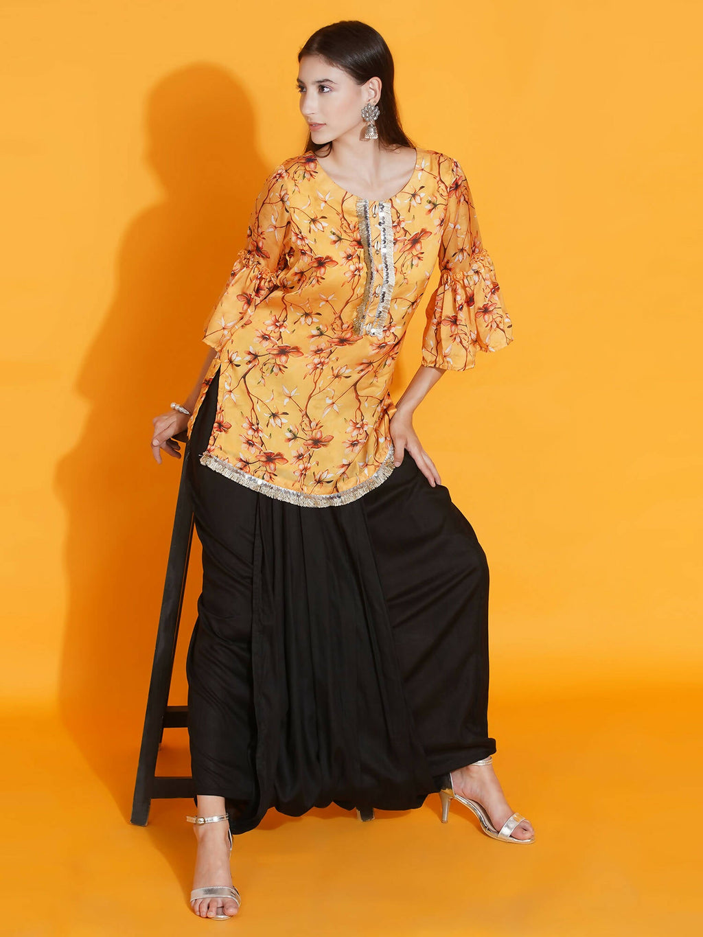 Women Republic Yellow Printed Satin Georgette Shirt With Bell Sleeves And Dhoti