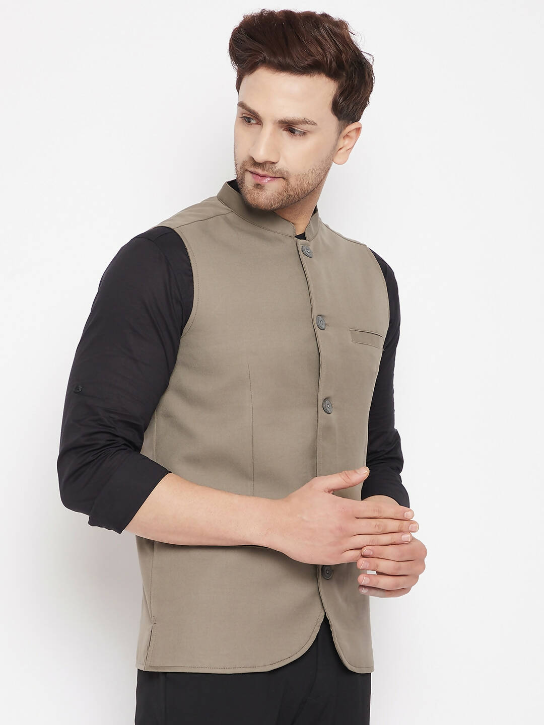 Even Apparels Beige Merino Men Woven Nehru Jacket