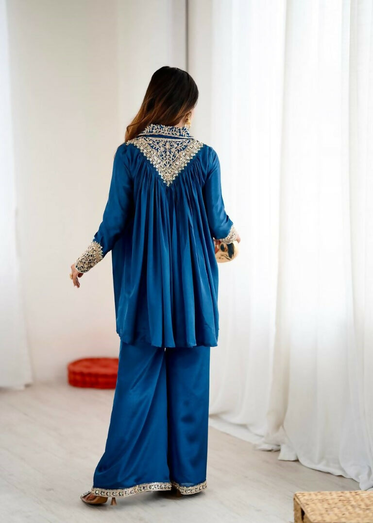 Teeya Creation Blue Heavy Chinnon Silk Embroidery Work Plazo pair