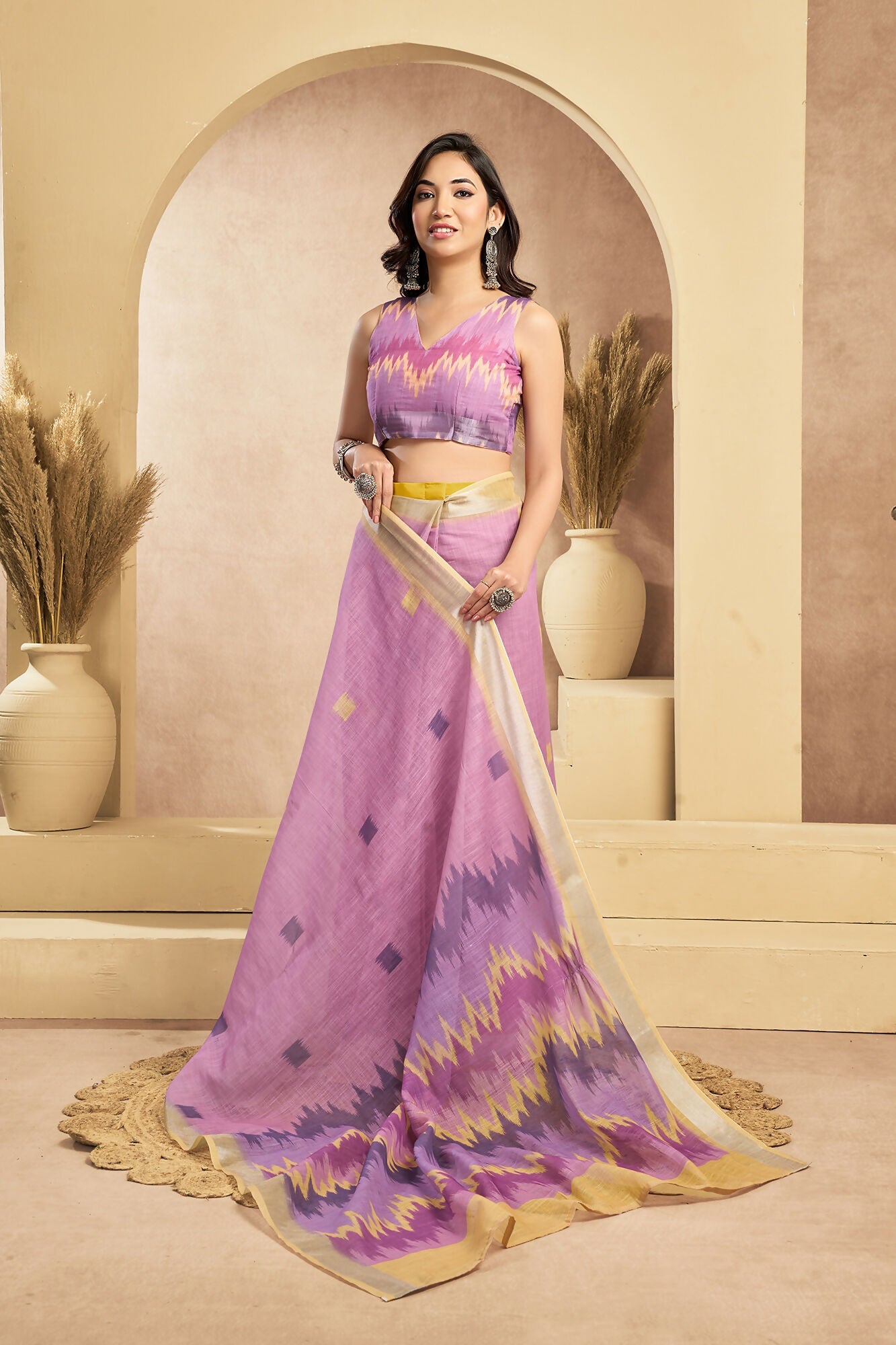 Vastranavya Onion Pink Digital Printed Linen Ready To Wear Pocket Saree with Unstitched Blouse