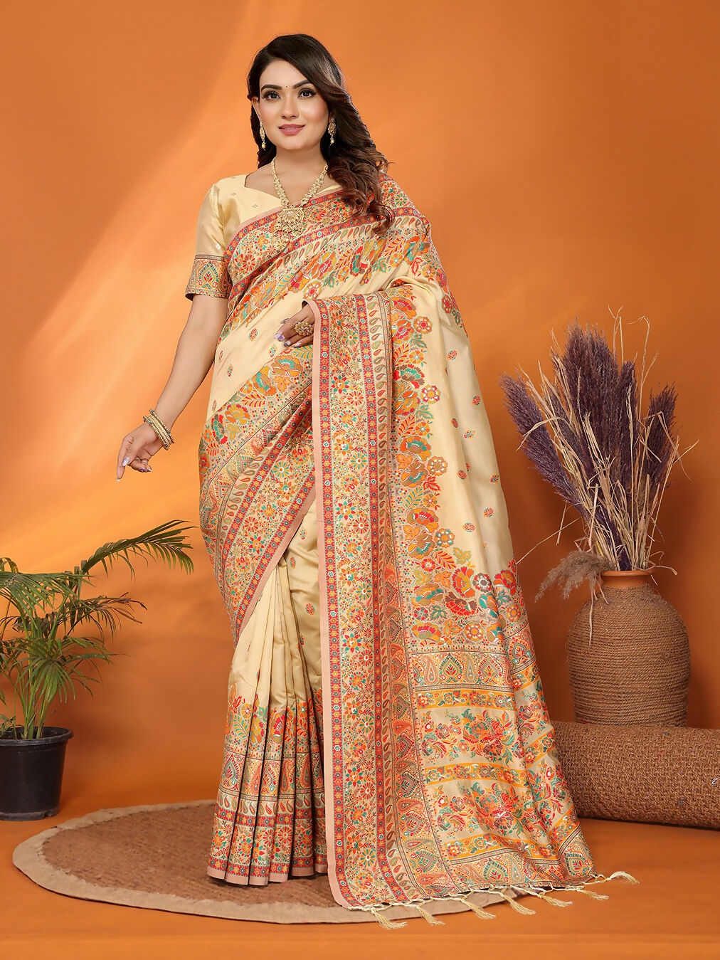 Joban Fashion Beige Meena Weaves Pashmina Sarees