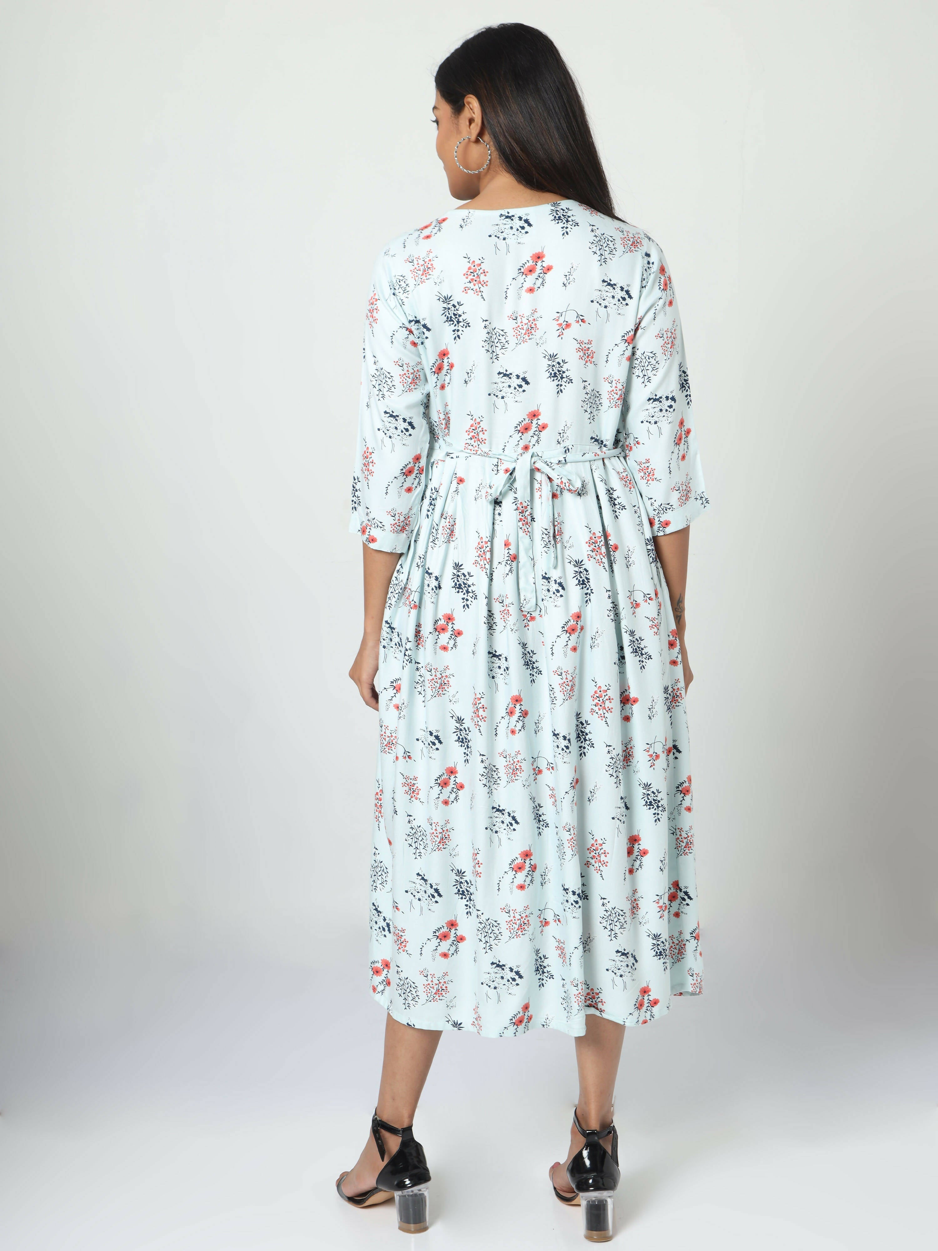 Manet Three Fourth Maternity Dress Floral Print With Concealed Zipper Nursing Access - Pista Green