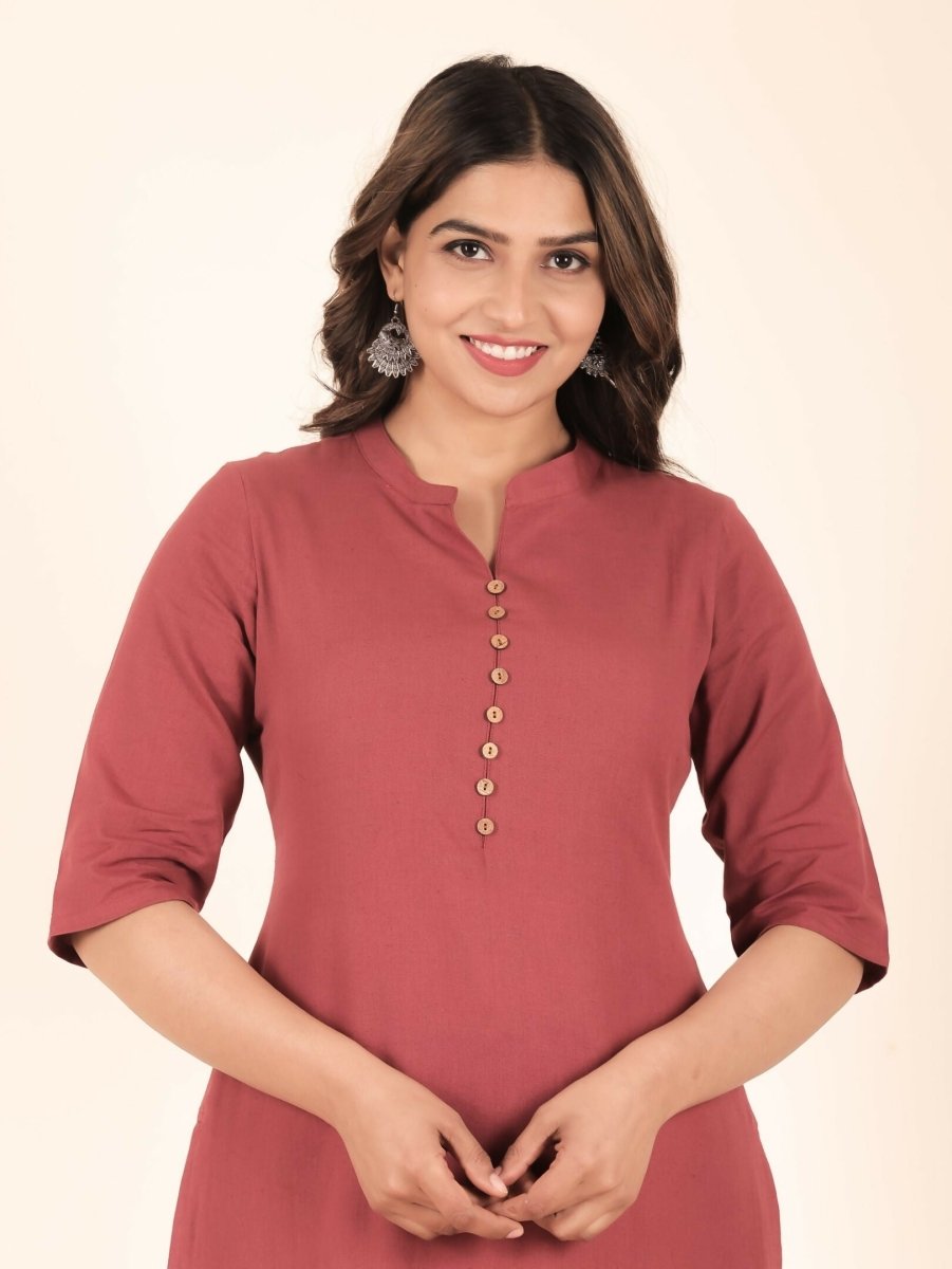 Aramya Pink Linen Cotton Solid Straight Kurta for Women