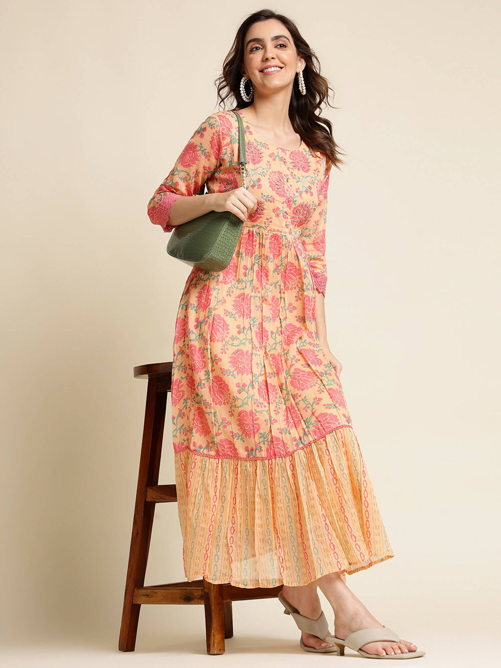 Peach Cotton Floral Printed Fit & Flare Dress - Yukti
