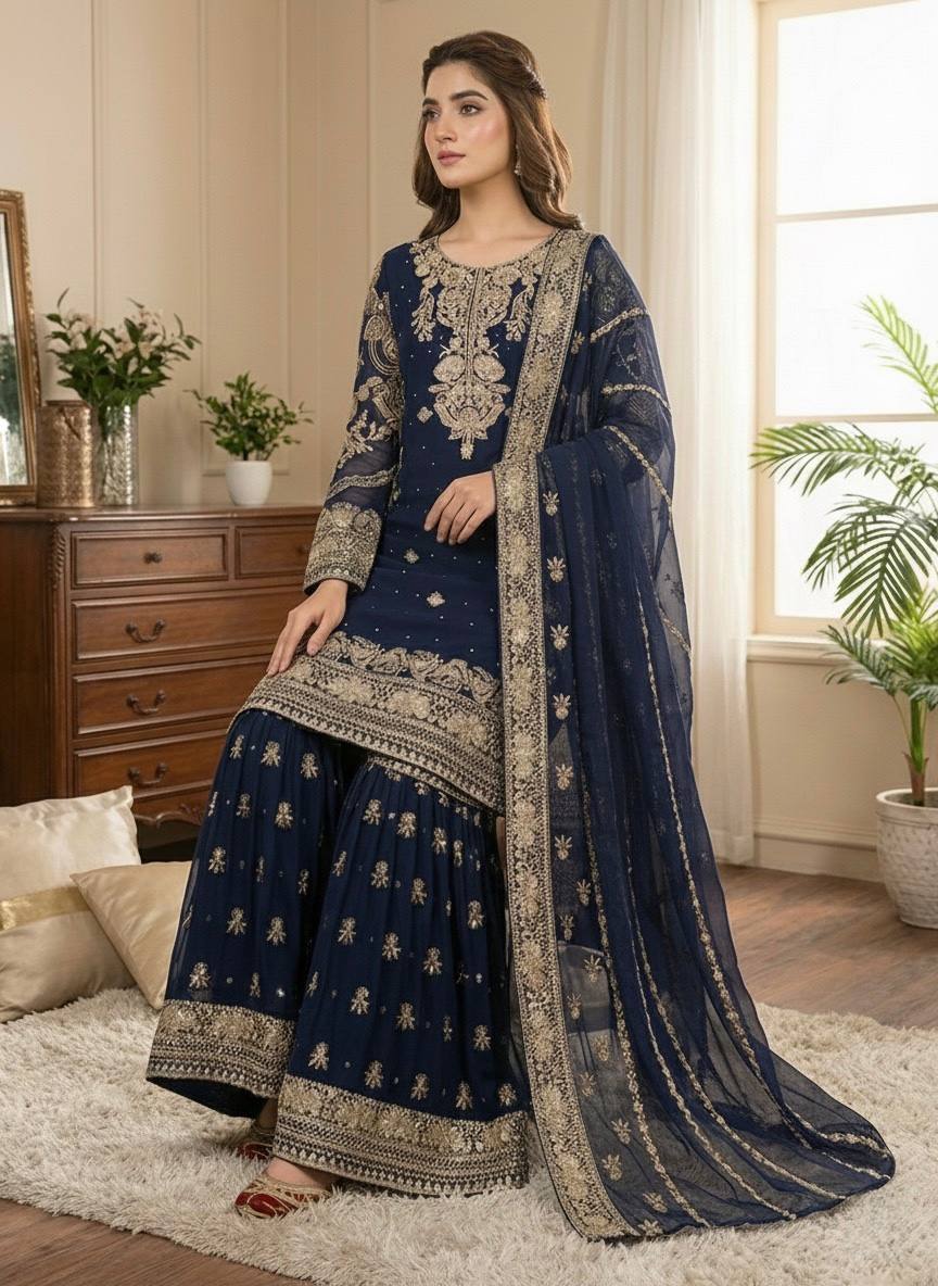 Prazu Fashion Navy Blue Georgette Embroidered Sequins Sharara Suit