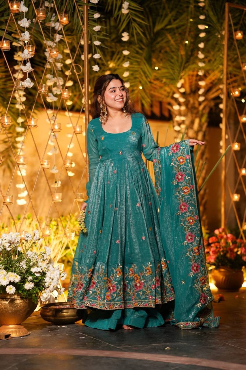 Prazu Fashion Blue Crunchy Silk With Embroidery Sequins Work Palazzo Suit