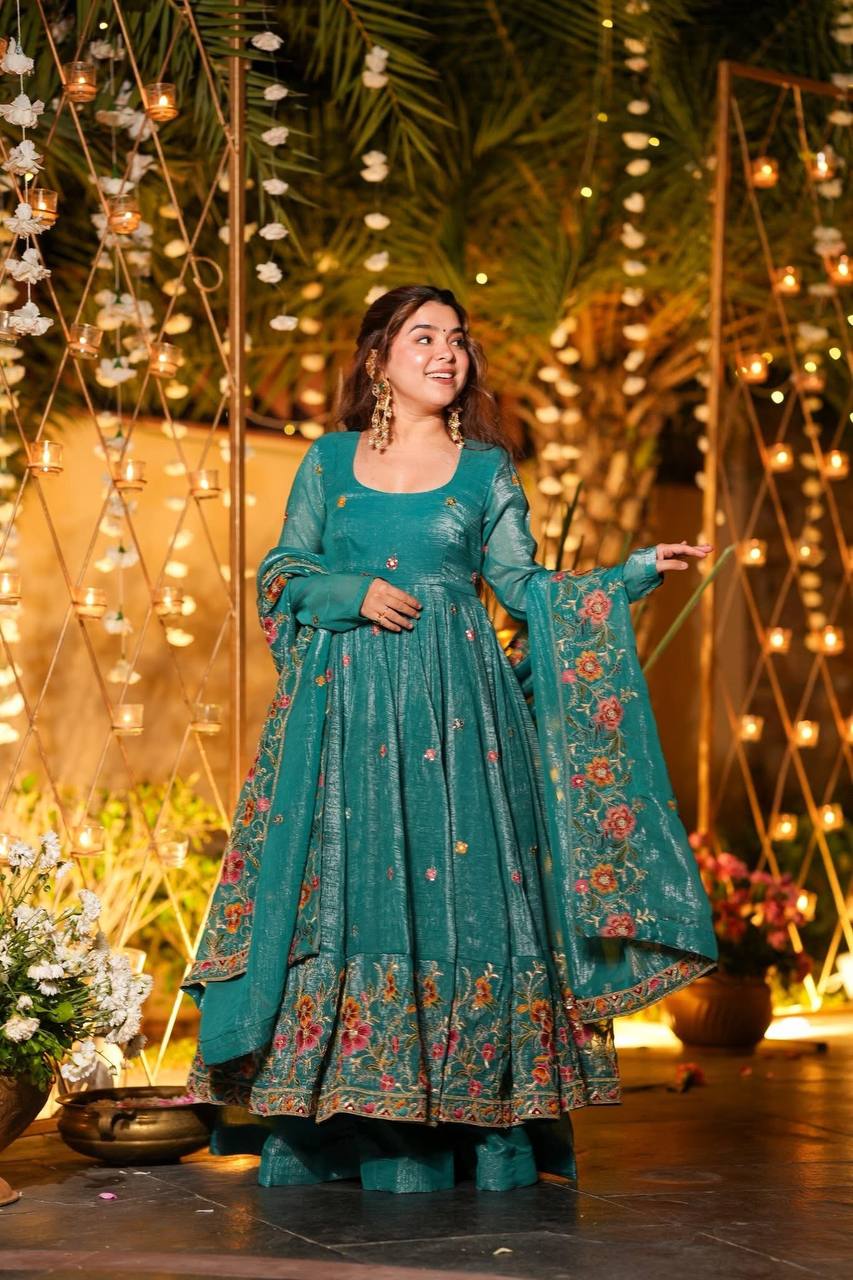 Prazu Fashion Blue Crunchy Silk With Embroidery Sequins Work Palazzo Suit