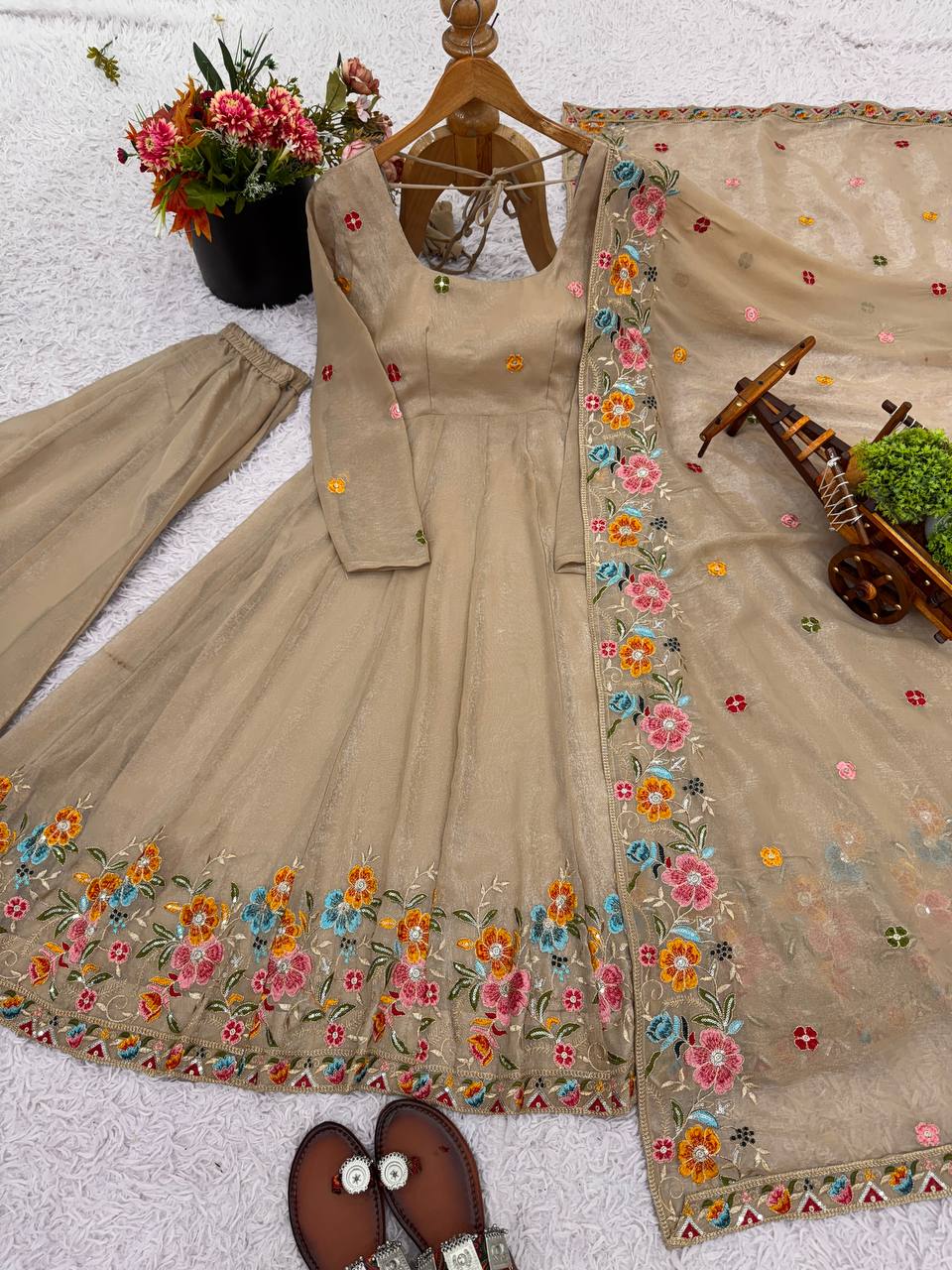 Prazu Fashion Cream Crunchy Silk With Embroidery Sequins Work Palazzo Suit
