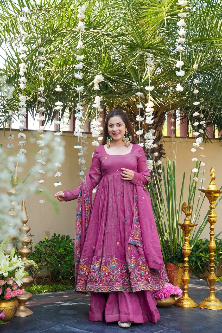 Prazu Fashion Onion Pink Crunchy Silk With Embroidery Sequins Work Palazzo Suit