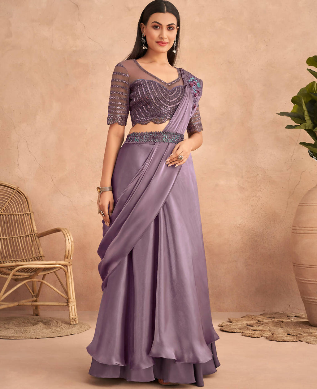 Purple Satin Embroidered Ready To Wear Saree With Unstitched Blouse Piece - Nandika