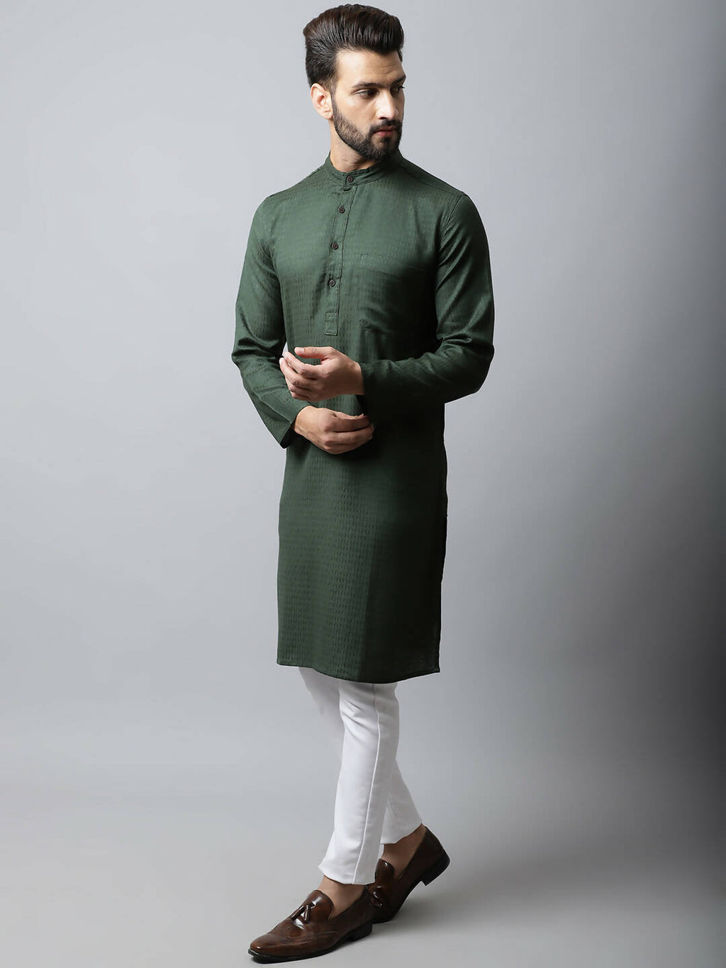 Even Apparels Green Color Viscose Pure Cotton Men's Kurta With Band Collar (SLD1197)