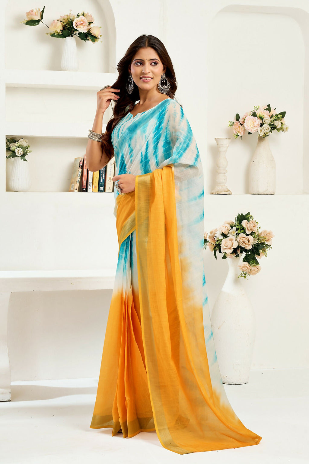 Vastranavya Multi Digital Printed Linen Ready To Wear Designer Saree with Unstitched Blouse