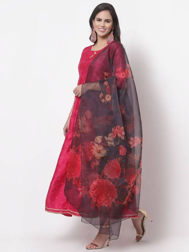 Myshka Women's Pink Silk Solid 3/4 Sleeve Round Neck Casual Anarkali Gown with Dupatta