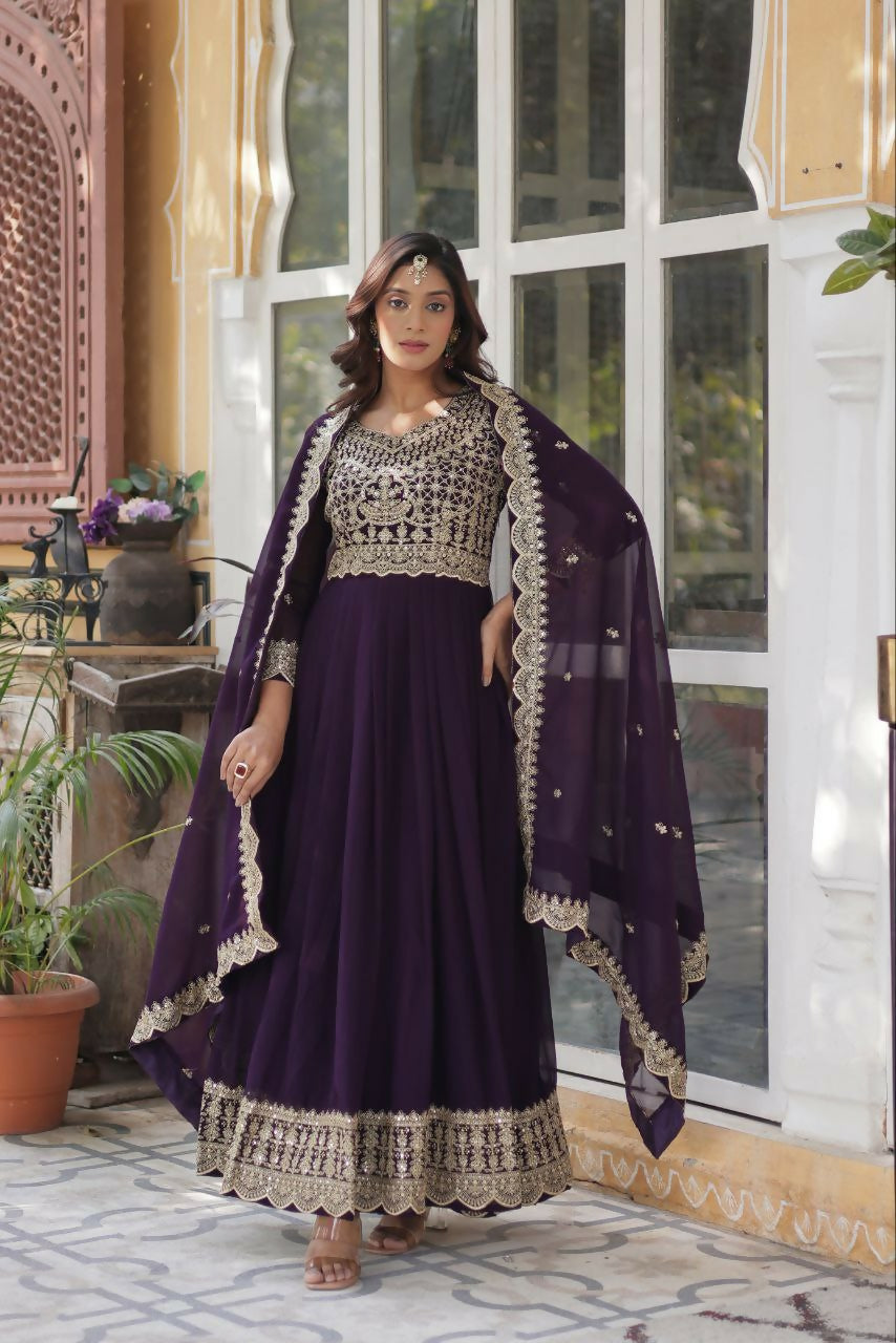 Vastranavya Faux Blooming with Embroidery Zari Sequins-work Gown & Dupatta - Purple