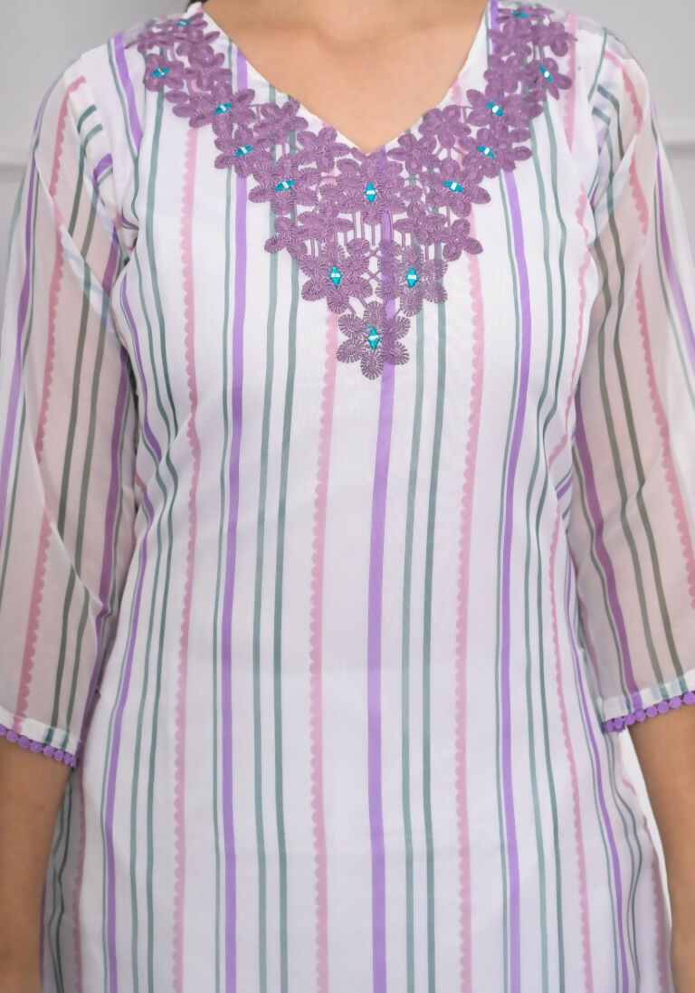 White Viscose Silk Embroidery with Thread and sequence Stitched Suit With Dupatta - Tanisha