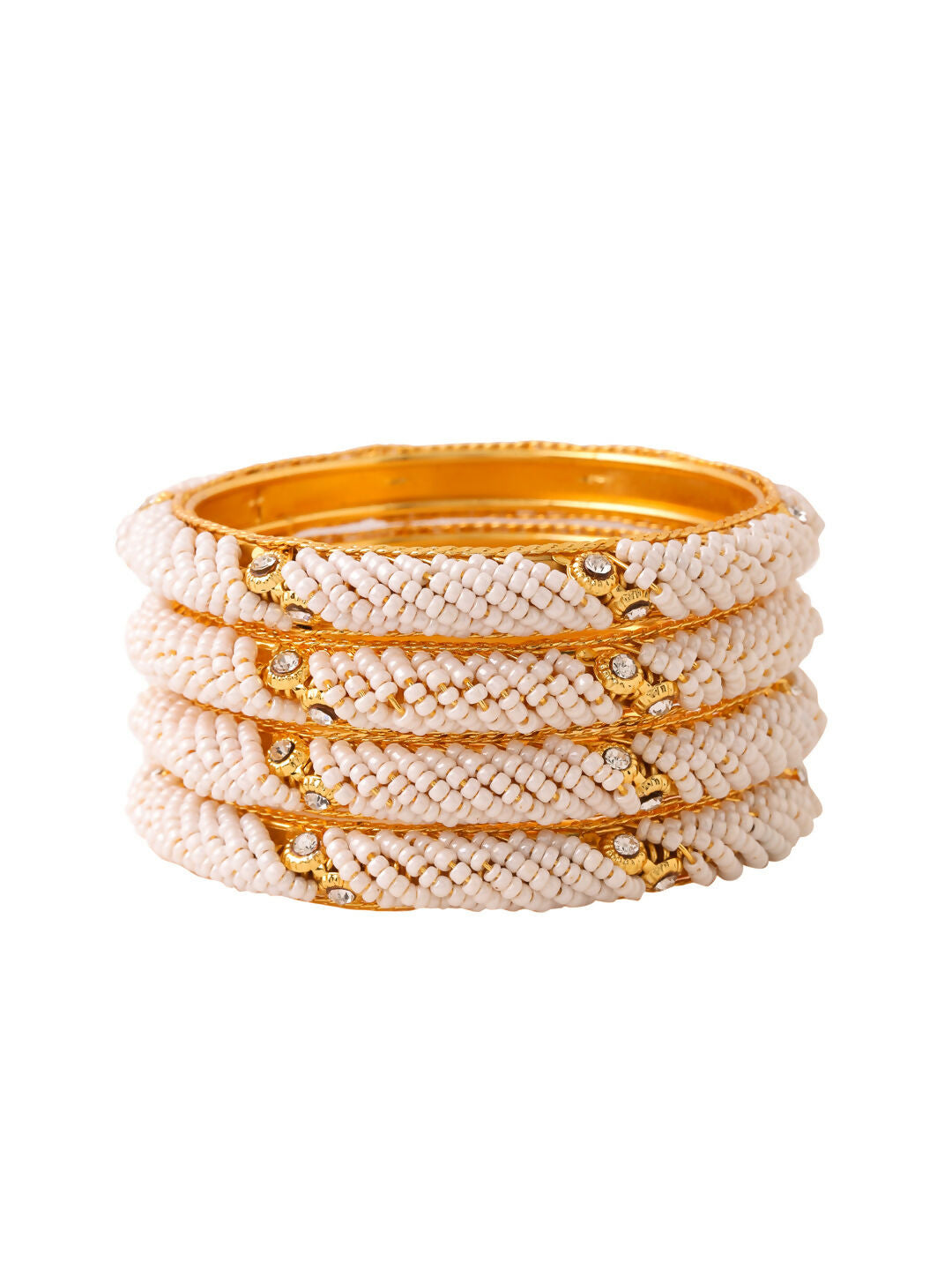 NVR Women Set of 4 Gold-Polished Traditional Pearls Beaded Bangles