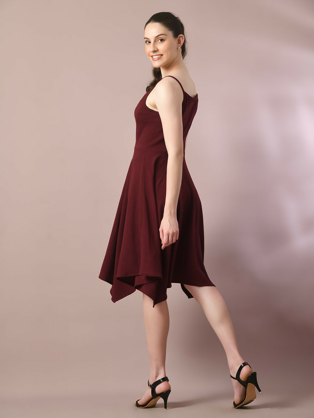 Myshka Women's Maroon Solid Shoulder Straps Fit and Flare Party Dress
